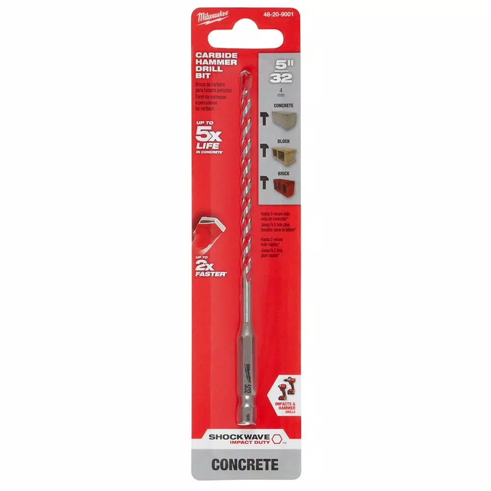 Milwaukee 5/32 in. x 4 in. x 6 in. SHOCKWAVE Carbide Hammer Drill Bit for Concrete, Stone, Masonry Drilling