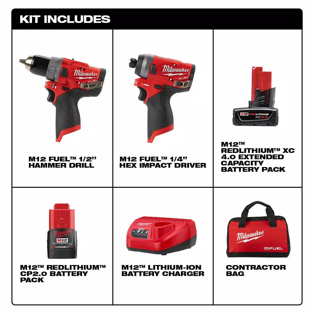 Milwaukee M12 FUEL 12-Volt Lithium-Ion Brushless Cordless Hammer Drill and Impact Driver Combo Kit with 2 Batteries & Bag (2-Tool)