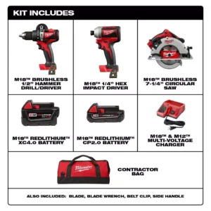 Milwaukee M18 18-Volt Lithium-Ion Brushless Cordless Hammer Drill/Impact/Circular Saw Combo Kit (3-Tool) with 2-Batteries