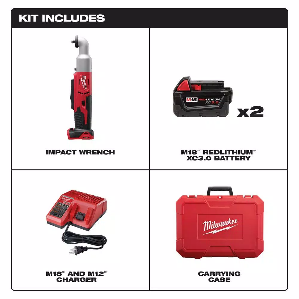 Milwaukee M18 18-Volt Lithium-Ion Cordless 3/8 in. 2-Speed Right Angle Impact Wrench Kit W/(2) 3.0Ah Batteries, Charger, Hard Case
