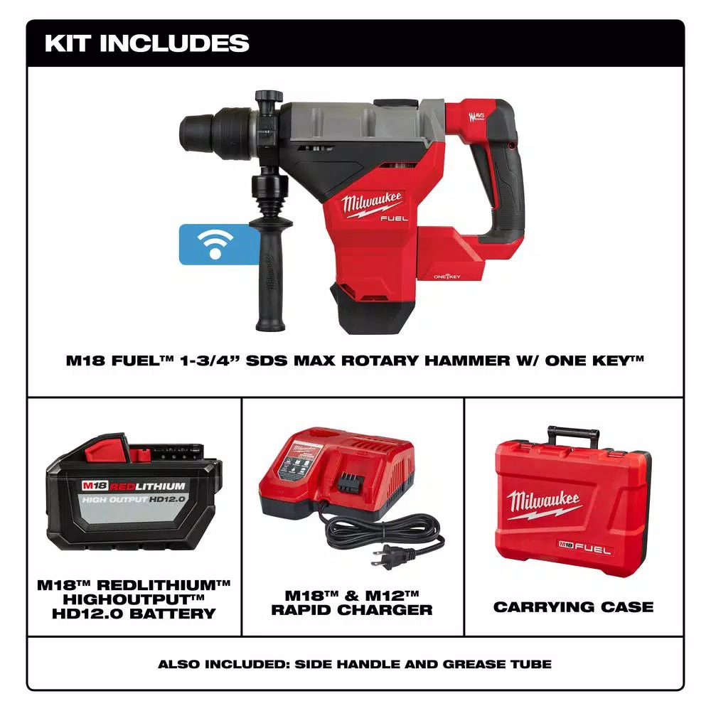 Milwaukee M18 FUEL ONE-KEY 18-Volt Lithium-Ion Brushless Cordless 1-3/4 in. SDS-MAX Rotary Hammer with One 12.0 Ah Battery