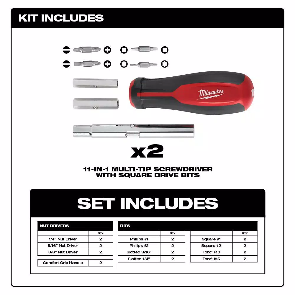 Milwaukee 11-in-1 Multi-Tip Screwdriver with Square Drive Bits (2-Pack)