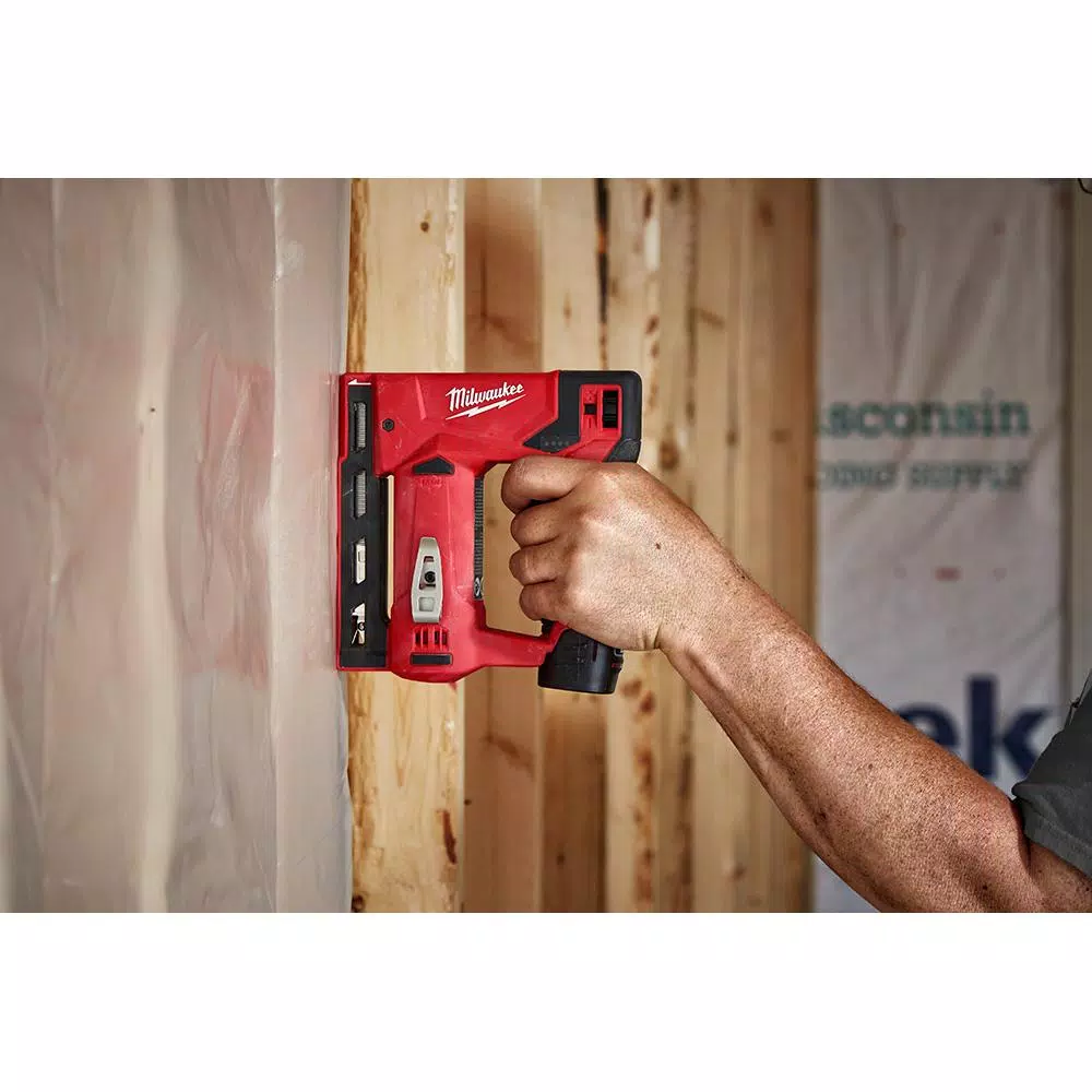 Milwaukee M12 12-Volt Lithium-Ion Cordless 3/8 in. Crown Stapler Kit W/ (1) 1.5Ah Battery, Charger & Bag