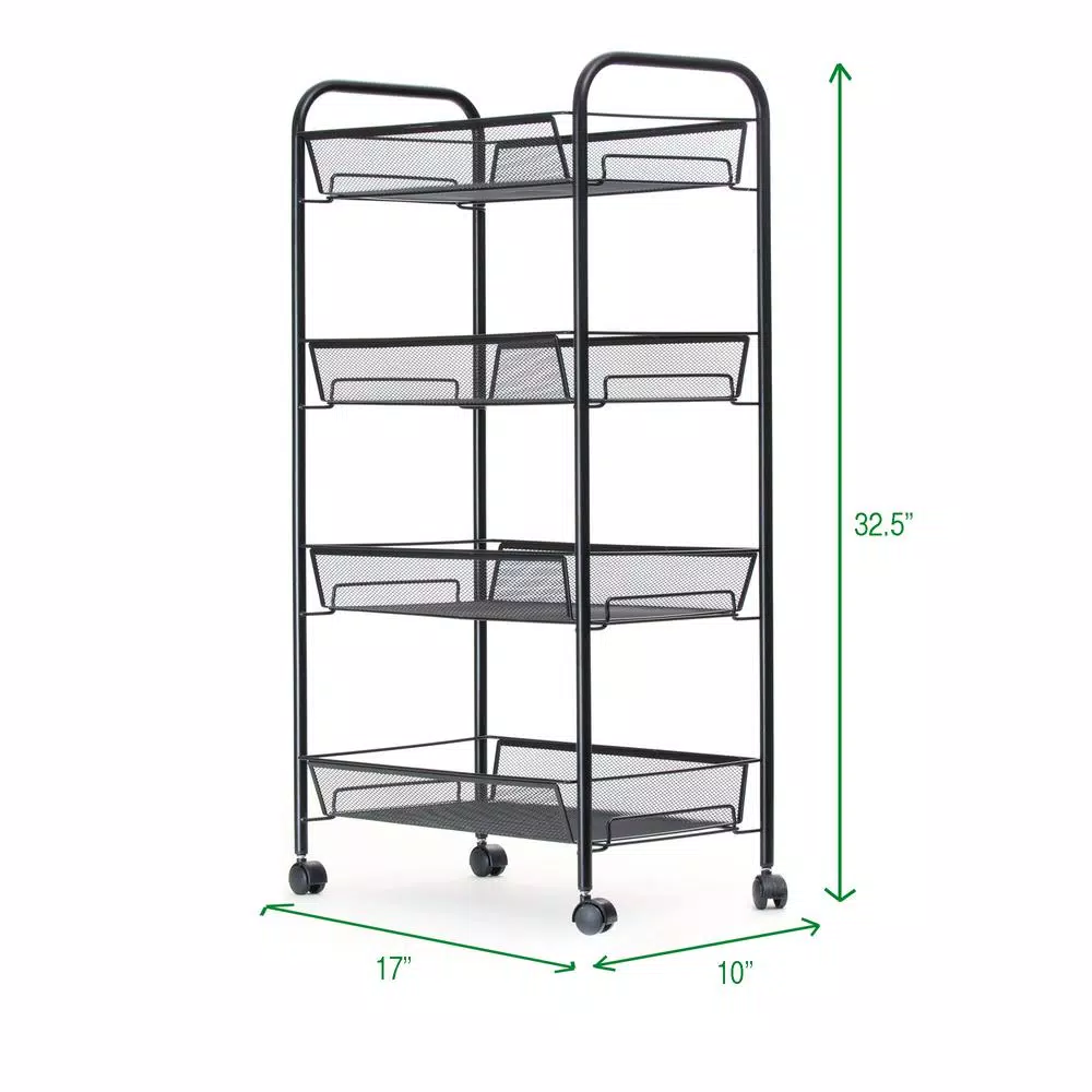 Mind Reader Roll 4-Shelf Rolling Black Metal Mesh Coffee Cart