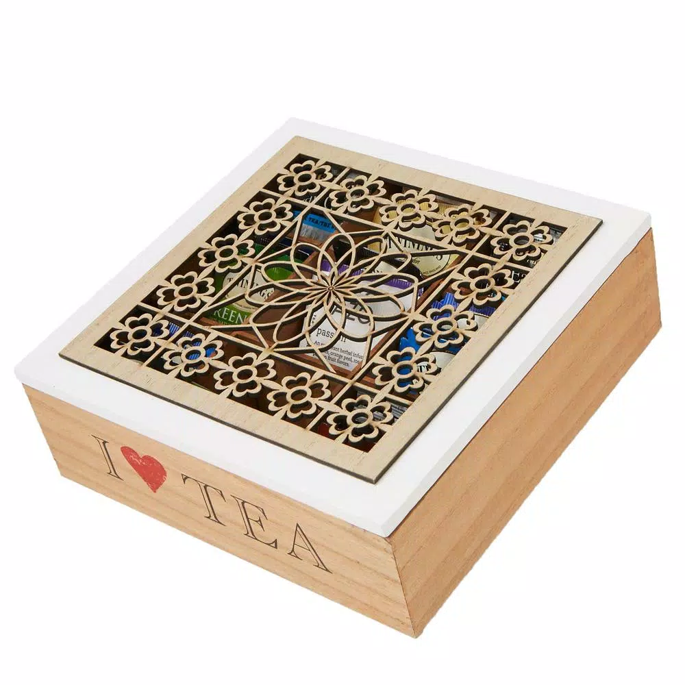 Mind Reader Brown Tea Box Storage Holder with Wood Floral Pattern