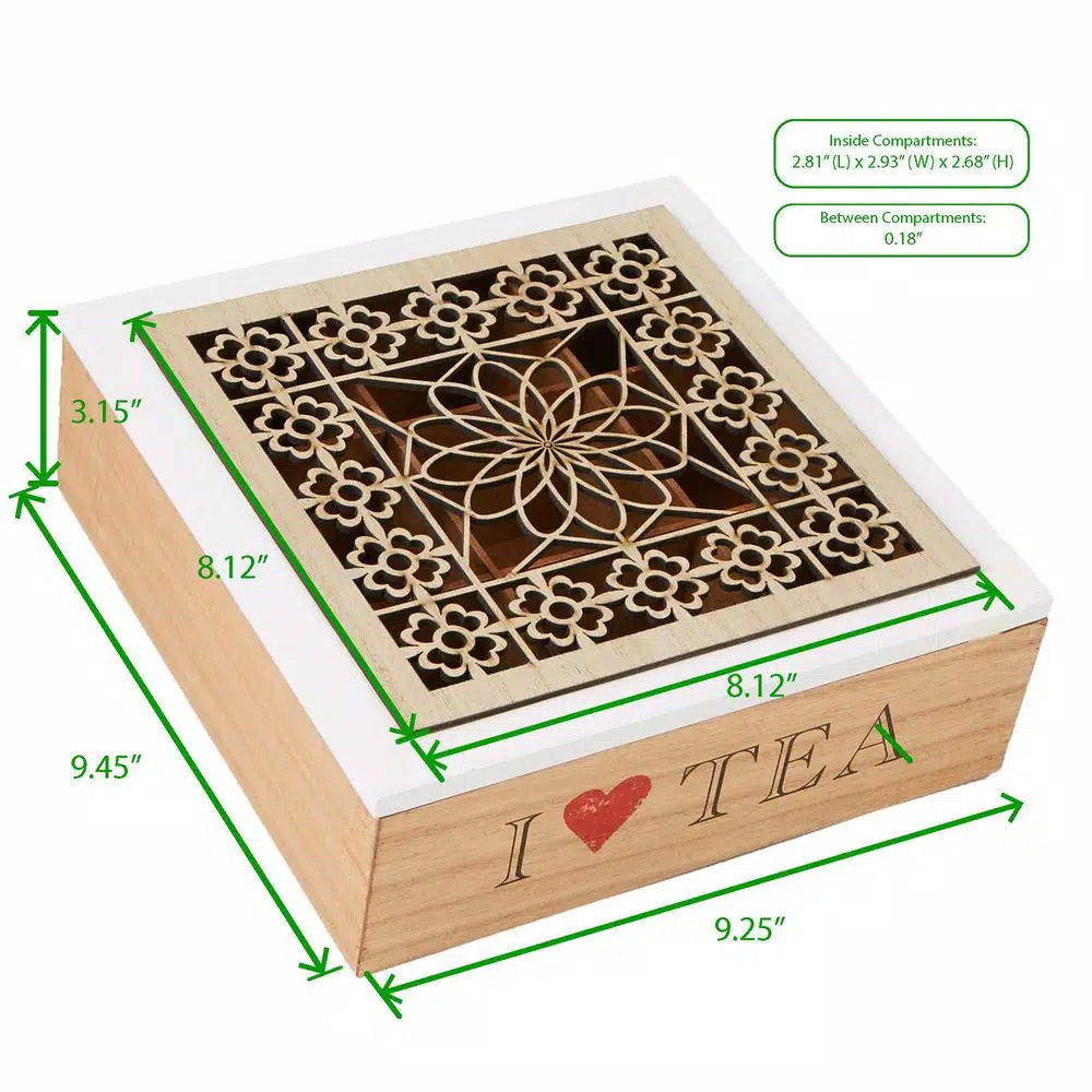 Mind Reader Brown Tea Box Storage Holder with Wood Floral Pattern