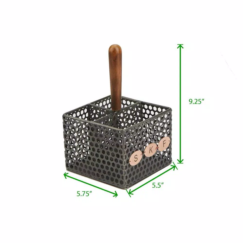 Mind Reader Black Metal 4-Compartment Utensil Basket Flatware Cutlery Holder Silverware Organizer with Wood Handle