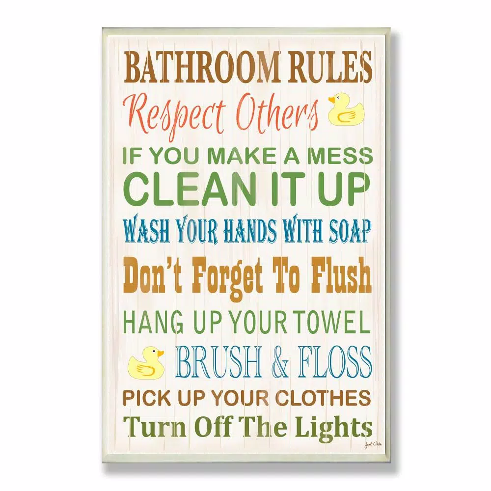 Stupell Industries 12.5 in. x 18.5 in. "Bathroom Rules Typography Rubber Ducky" by Janet White Printed Wood Wall Art