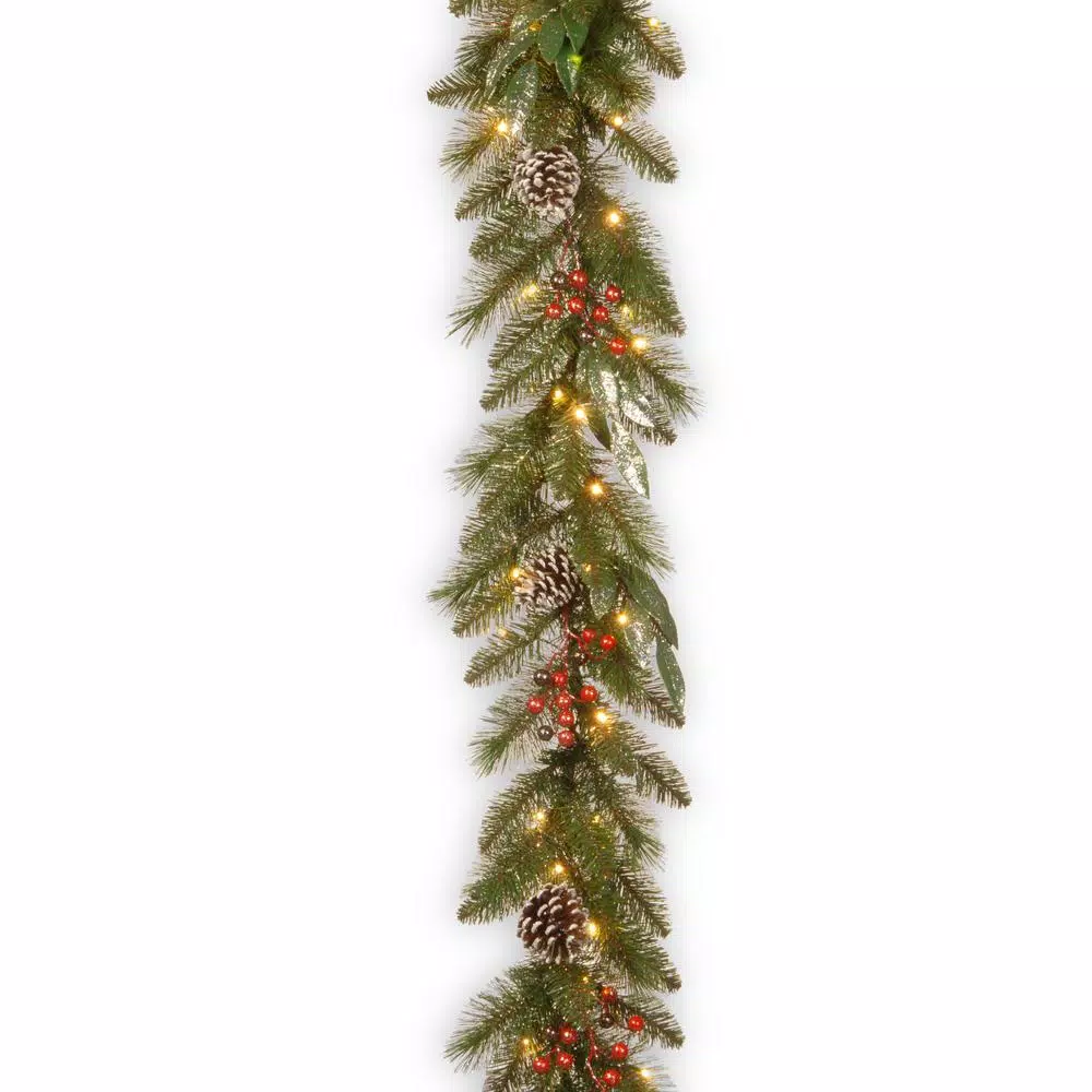 National Tree Company 9 ft. x 12 in. Frosted Pine Berry Collection Garlands with Cones, Red Berries, Silver Glittered Eucalyptus Leaves