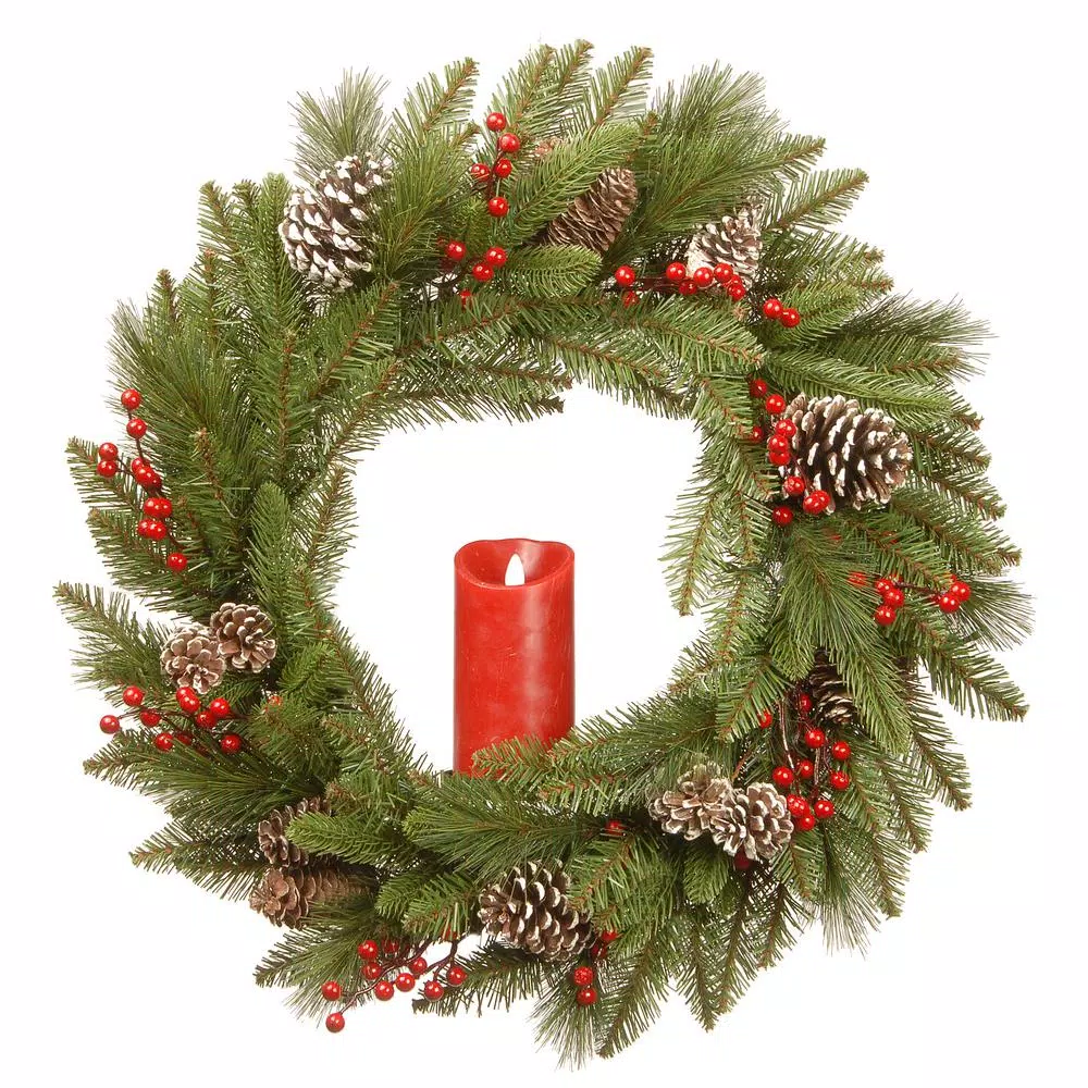National Tree Company 24 in. Feel Real Bristle Berry Wreath with Red Electronic Candle, Red Berries and Cones