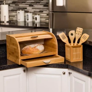 Honey-Can-Do Bamboo Bread Box with Pull-Out Drawer and Cutting Board