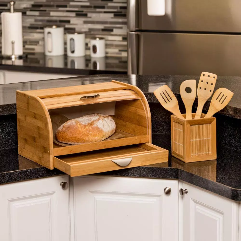 Honey-Can-Do Bamboo Bread Box with Pull-Out Drawer and Cutting Board