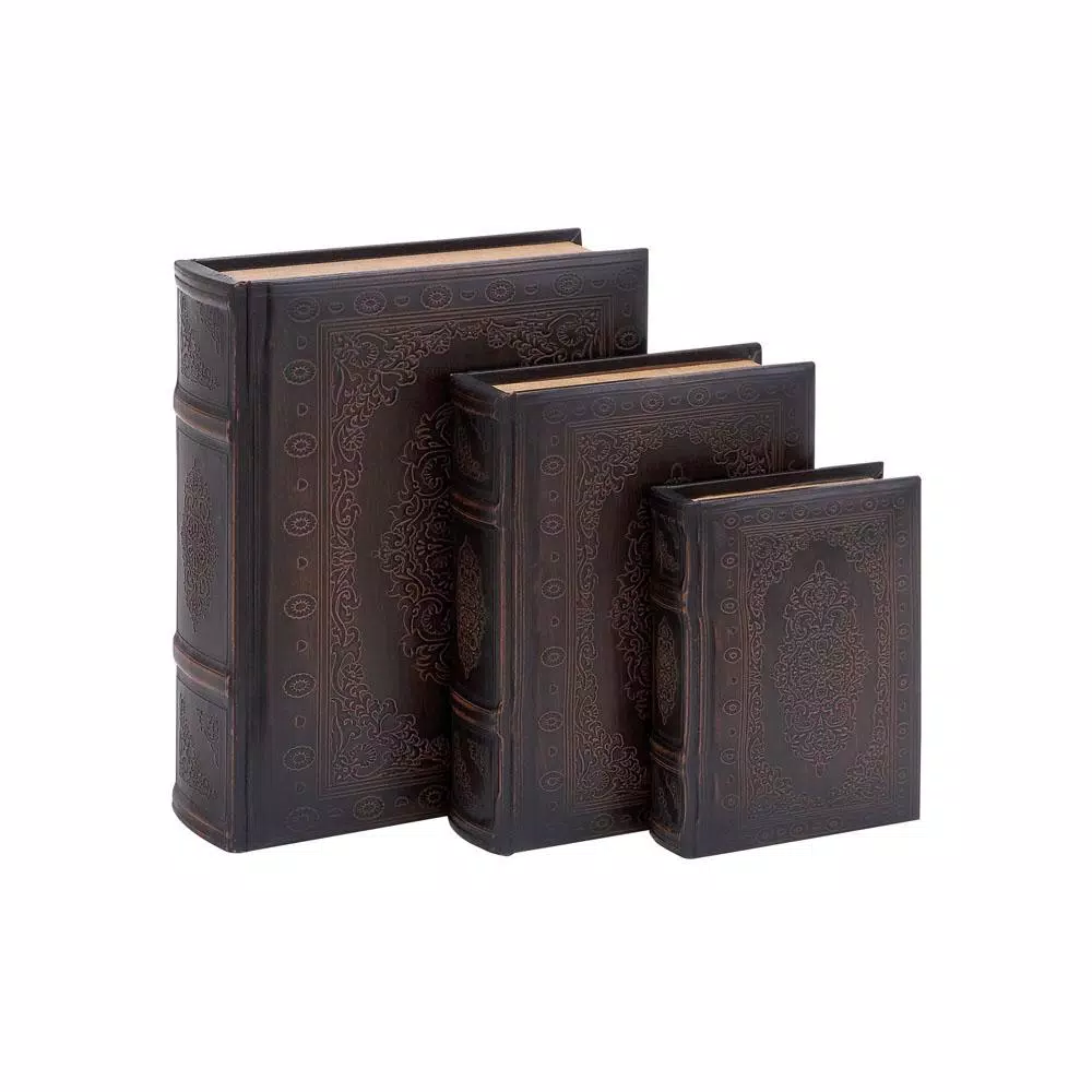 LITTON LANE Vintage Rectangular Wood and Synthetic Leather Flourished Book Boxes (Set of 3)