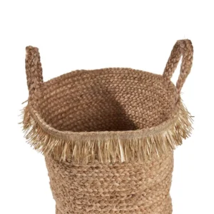 LR Home Claine Braided Fringed Natural Jute Decorative Storage Basket with Handles