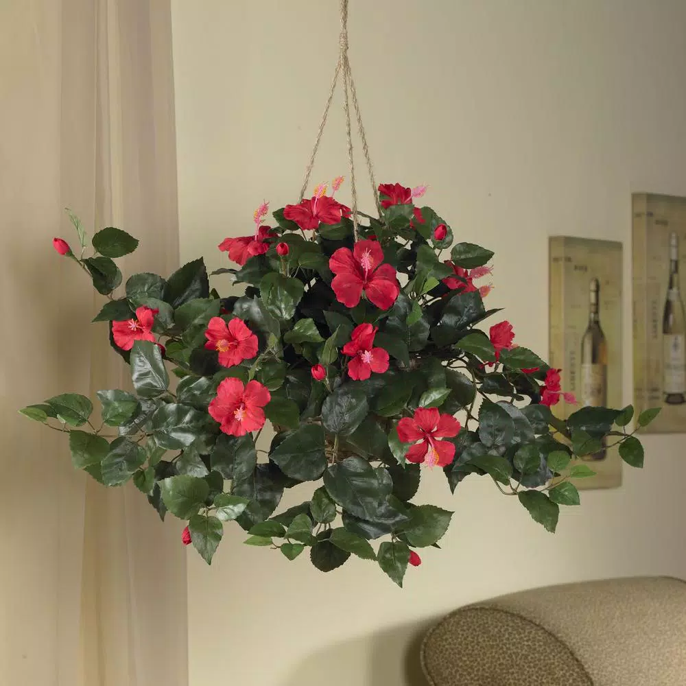 Nearly Natural 24 in. Hibiscus Hanging Basket