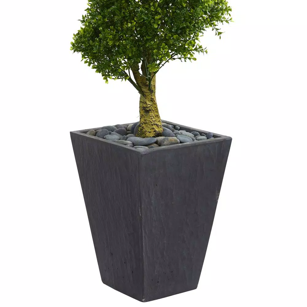 Nearly Natural 5 ft. High Indoor/Outdoor Boxwood Spiral Topiary Artificial Tree in Slate Planter