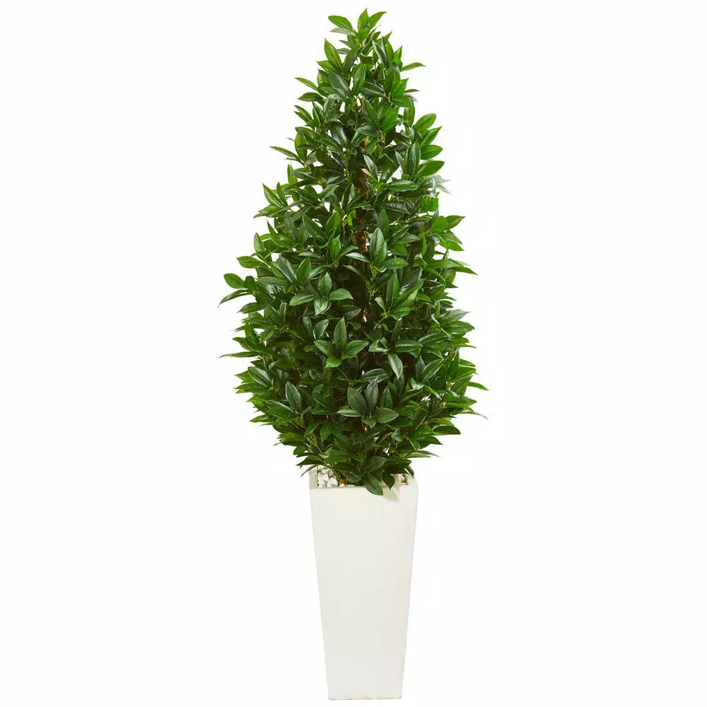 Nearly Natural Indoor/Outdoor 63-In. Bay Leaf Cone Topiary Artificial Tree in White Planter