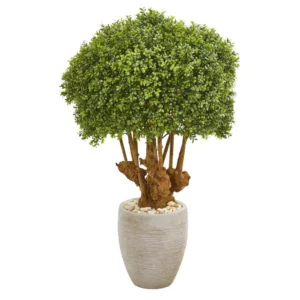 Nearly Natural Indoor/Outdoor 41 In. Boxwood Artificial Topiary Tree in Sandstone Planter