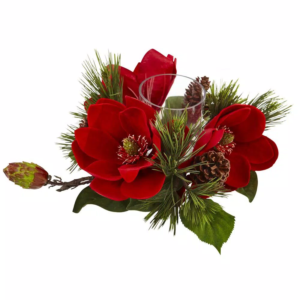 Nearly Natural 7 in. Red Magnolia and Pine Candelabrum
