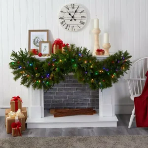 Nearly Natural 6 ft. x 18 in. Pre-Lit Christmas Pine Extra Wide Artificial Garland with 100 Multi-Colored LED Lights
