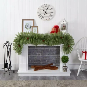 Nearly Natural 6 ft. Pre-Lit Christmas Pine Artificial Garland with 50 Warm White LED Lights and Pine Cones