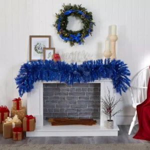 Nearly Natural 6 ft. Pre-Lit Blue Artificial Christmas Garland with 50 Warm White Lights