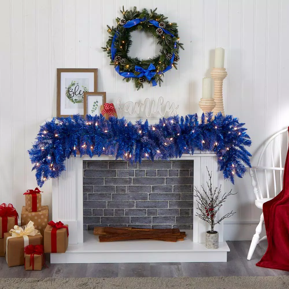 Nearly Natural 6 ft. Pre-Lit Blue Artificial Christmas Garland with 50 Warm White Lights