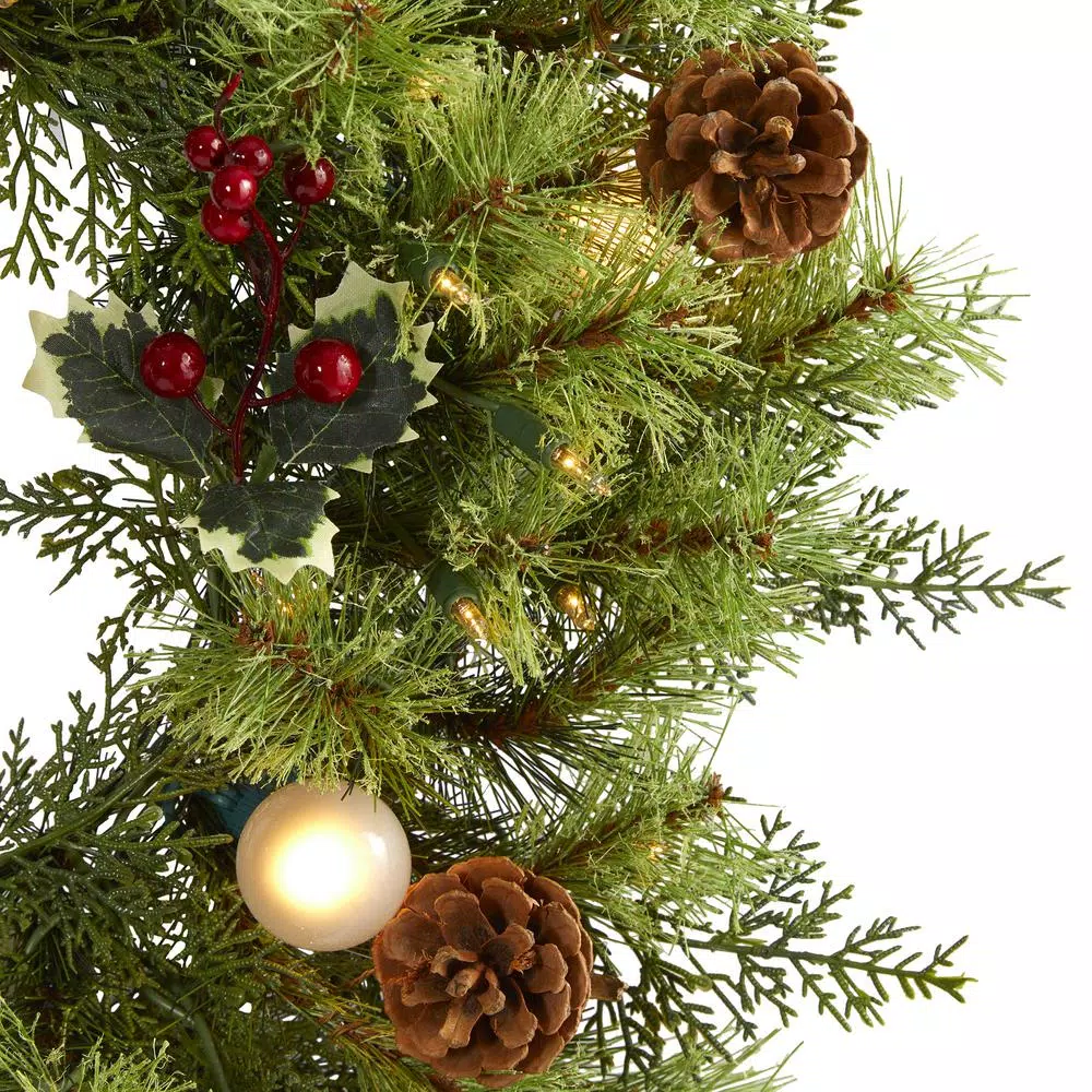 Nearly Natural 24 in. Pre-Lit Christmas Artificial Wreath with 50 White Warm Lights 7 Globe Bulbs Berries and Pine Cones