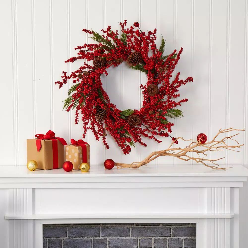 Nearly Natural 28 in. Cypress Artificial Wreath with Berries and Pine Cones
