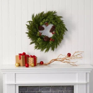 Nearly Natural 26 in. Cypress with Berries and Pine Cones Artificial Wreath