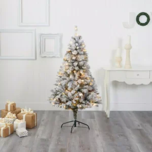 Nearly Natural 5 ft. White Pre-Lit Flocked River Mountain Pine Artificial Christmas Tree with Pine Cones and 150 Clear LED Lights