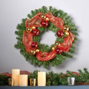 Noble House 24 in. Pre-Lit LED Artificial Christmas Wreath with Gold and Red Ornaments