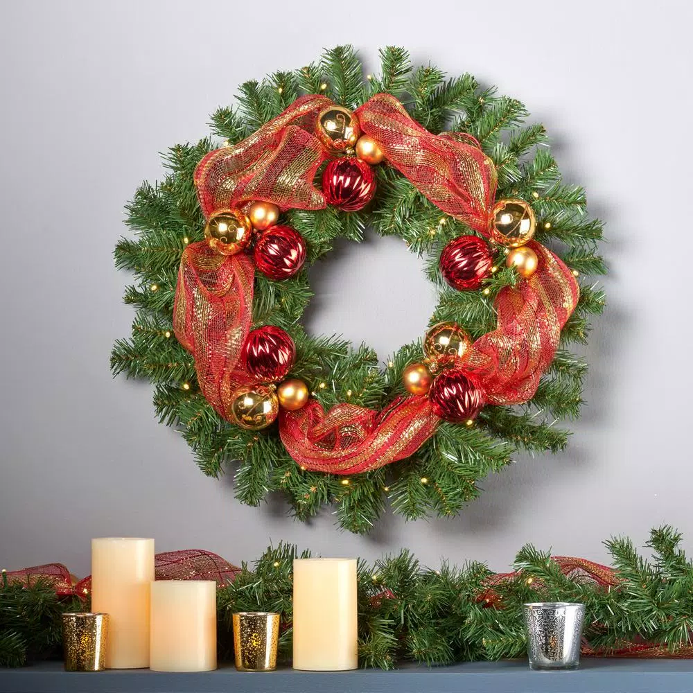 Noble House 24 in. Pre-Lit LED Artificial Christmas Wreath with Gold and Red Ornaments