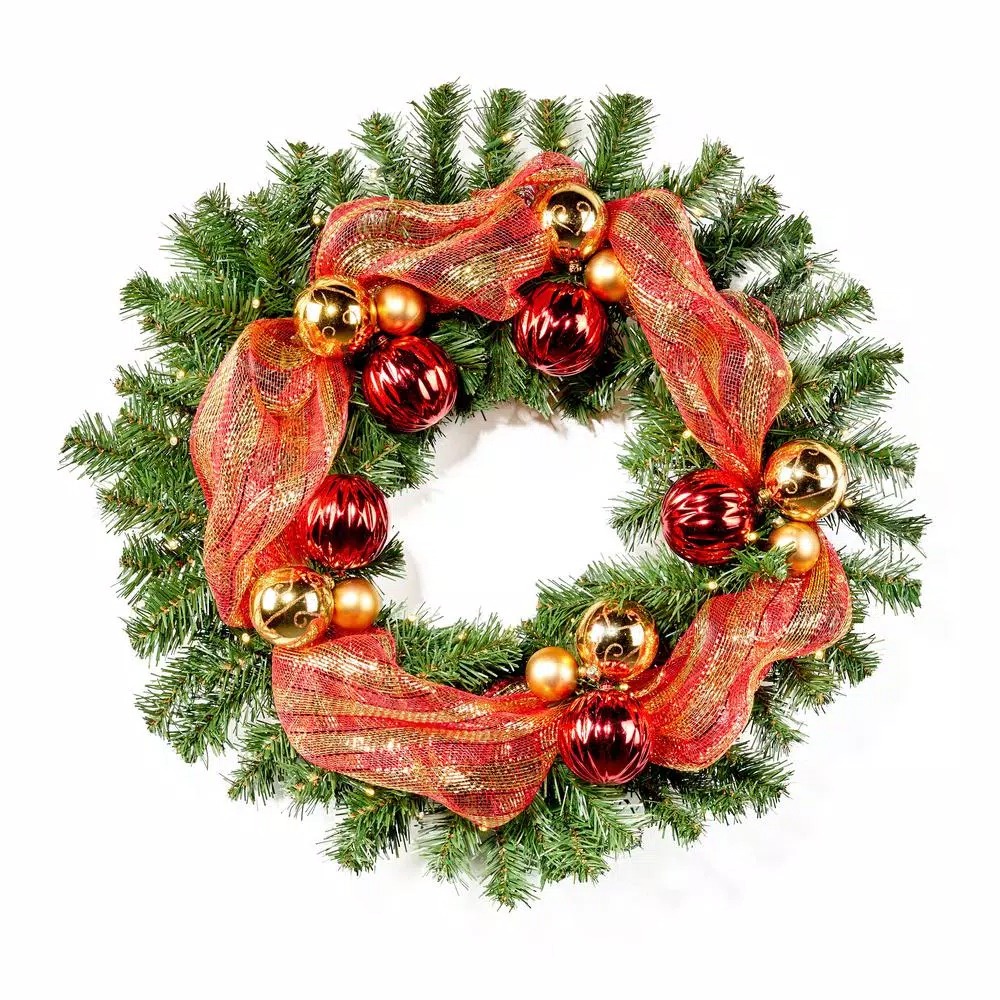 Noble House 24 in. Pre-Lit LED Artificial Christmas Wreath with Gold and Red Ornaments