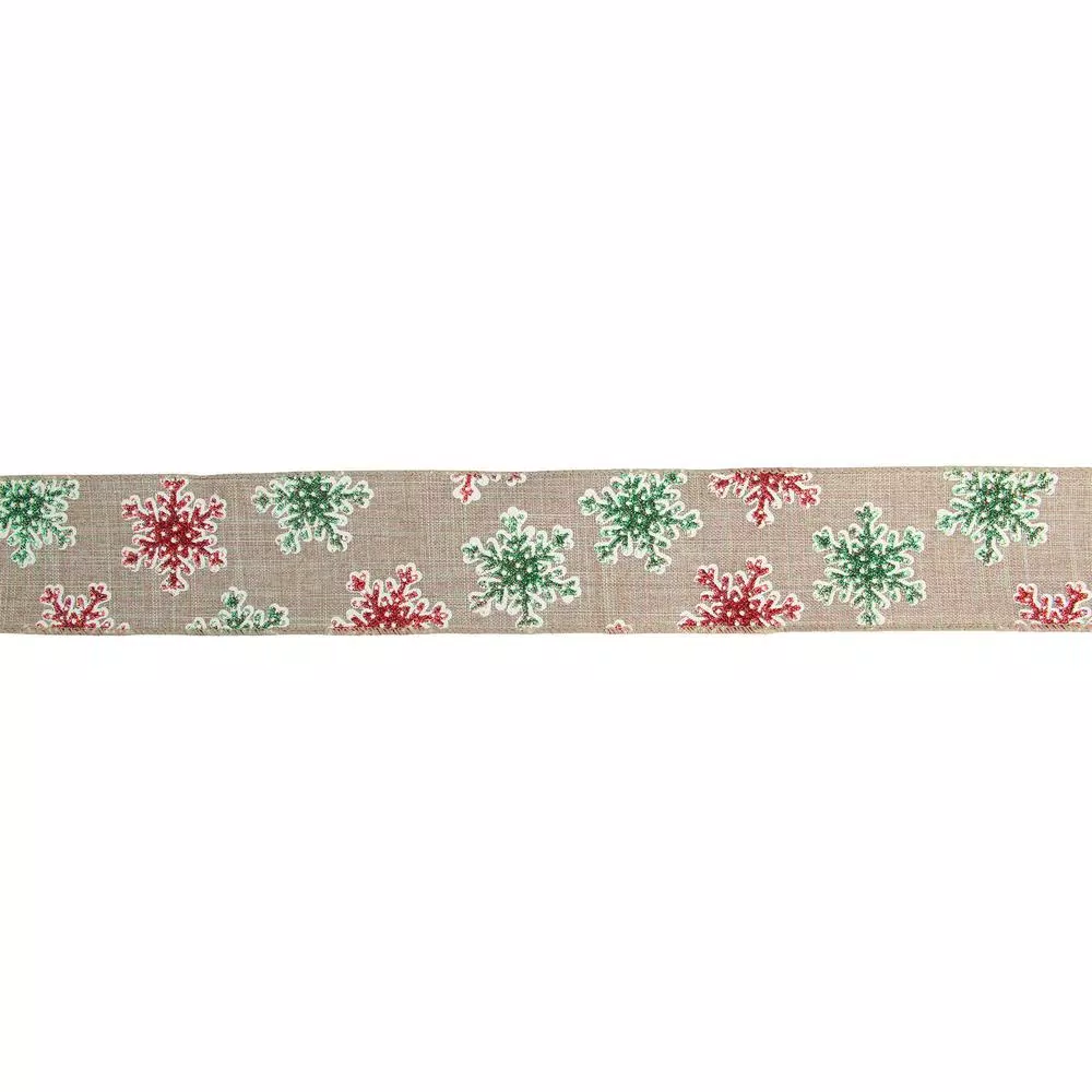 Northlight 2.5 in. x 16 yds. Red and Green Glitter Snowflake Burlap Wired Craft Ribbon