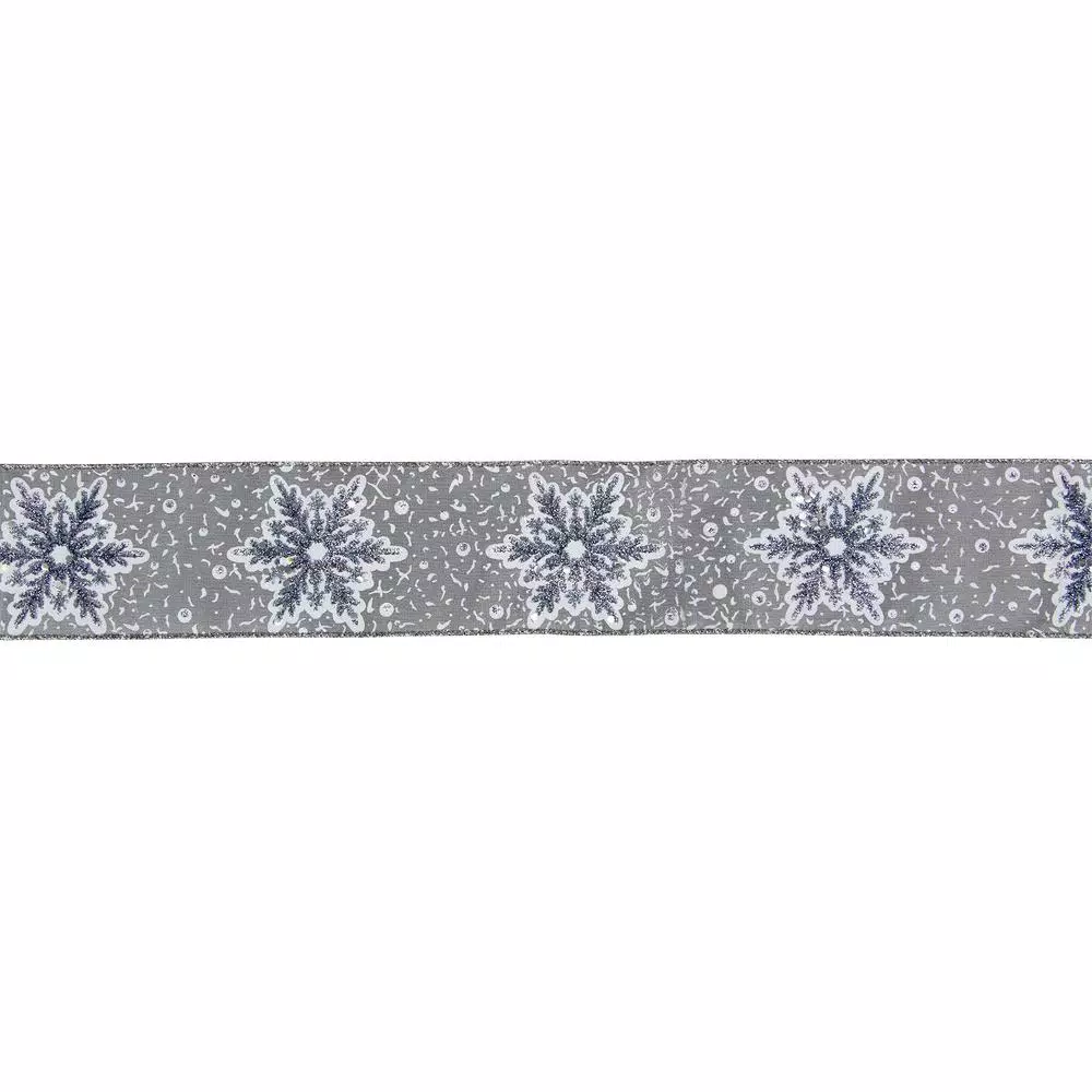 Northlight 2.5 in. x 16 yds. Grey and White Glitter Snowflake Wired Craft Ribbon