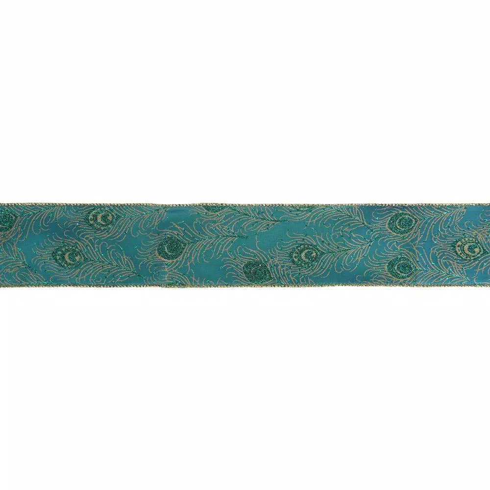 Northlight 2.5 in. x 16 yds. Green and Gold Peacock Feather Wired Craft Ribbon