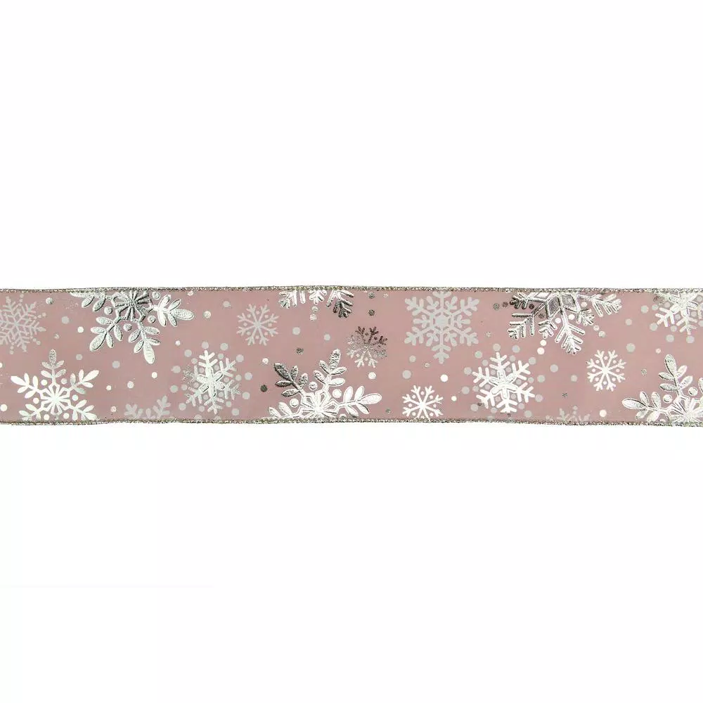 Northlight 2.5 in. x 16 yds. Metallic Rose Gold Snowflake Wired Craft Ribbon