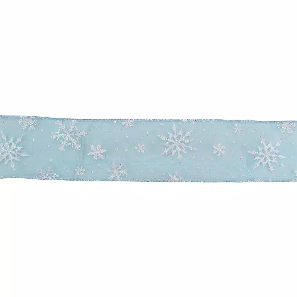 Northlight 2.5 in. x 16 yds. Shimmering White Iridescent Snowflakes on a Light Blue Sheer Ribbon