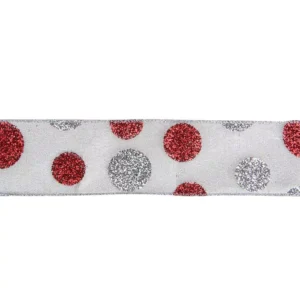 Northlight 2.5 in. x 16 yds. Silver and Red Glitter Polka Dots on Metallic Wired Ribbon