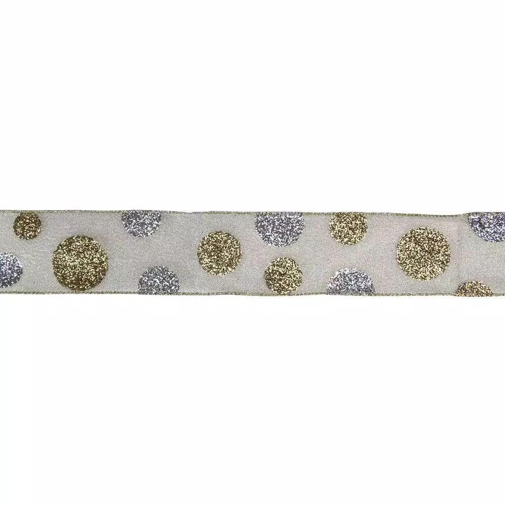 Northlight 2.5 in. x 16 yds. Gold and Silver Glitter Polka Dots on Metallic Wired Ribbon