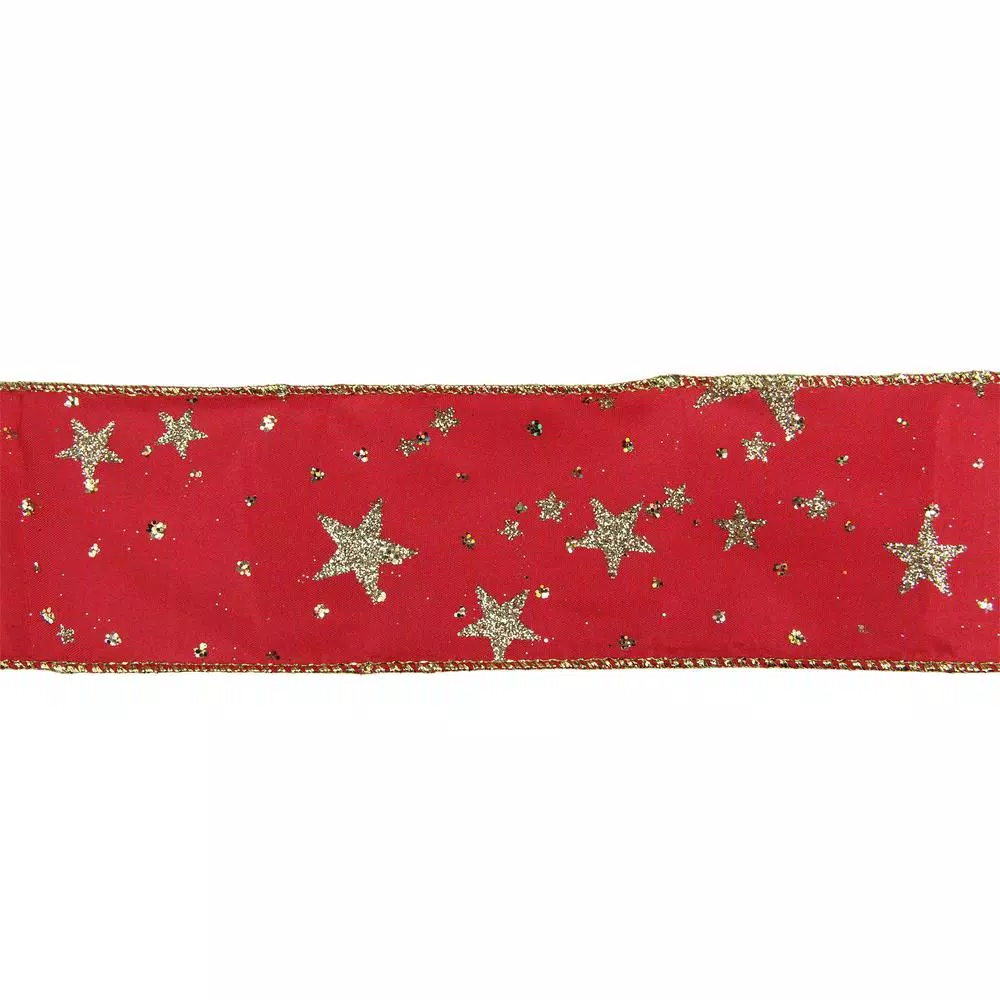 Northlight 2.5 in. x 16 yds. Metallic Gold Glitter Stars on Bright Red Wired Craft Ribbon