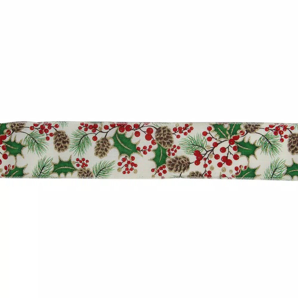 Northlight 2.5 in. x 16 yds. Glitter Holly Berries and Pinecones Cream Wired Ribbon