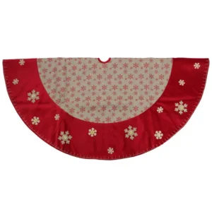 Northlight 60 in. Burlap Glittered Snowflake Rustic Christmas Tree Skirt with Red Velvet Trim