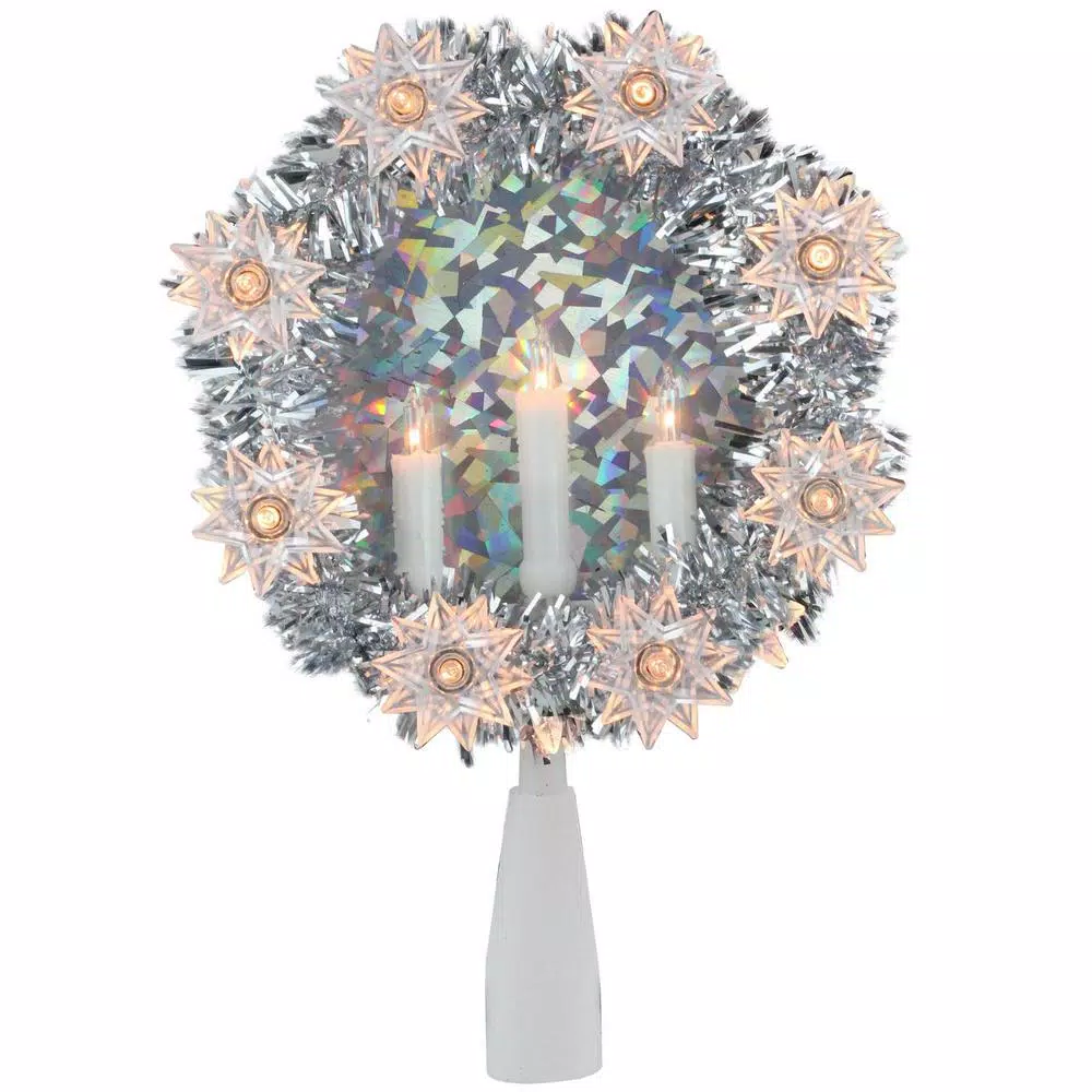 Northlight 7 in. Silver Tinsel Wreath with Candles Christmas Tree Topper - Clear Lights