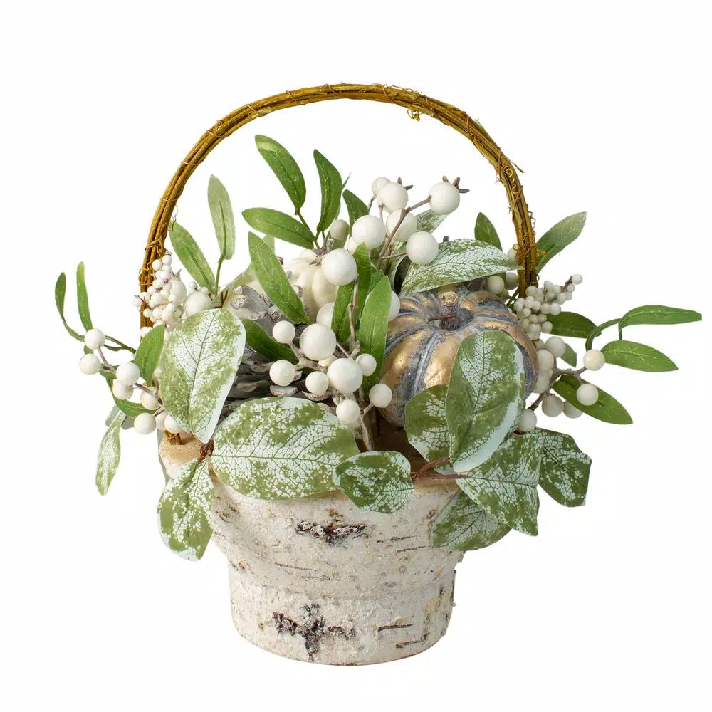 Northlight 13 in. Pumpkin Berries and Leaves Artificial Fall Harvest Twig Basket