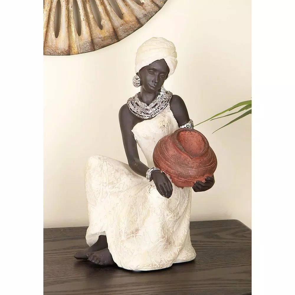 LITTON LANE 10 in. African Woman Decorative Figurine in Textured Ebony, Beige, Brick Red, and Silver