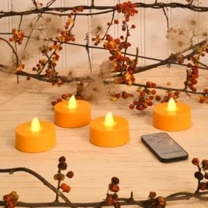 LUMABASE Battery Orange Operated Extra Large Tea Lights with Remote Control and 2-Timers (4-Count)
