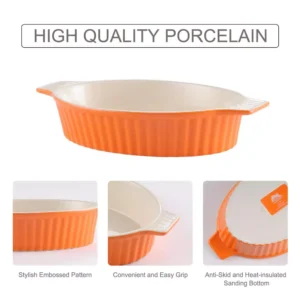 MALACASA 2-Piece Orange Oval Porcelain Bakeware Set 12.75 in. and 14.5 in. Baking Pans