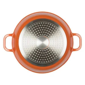 MasterPan Enamel 3 qt. Round Cast Aluminum Nonstick Casserole Dish in Orange with Lid